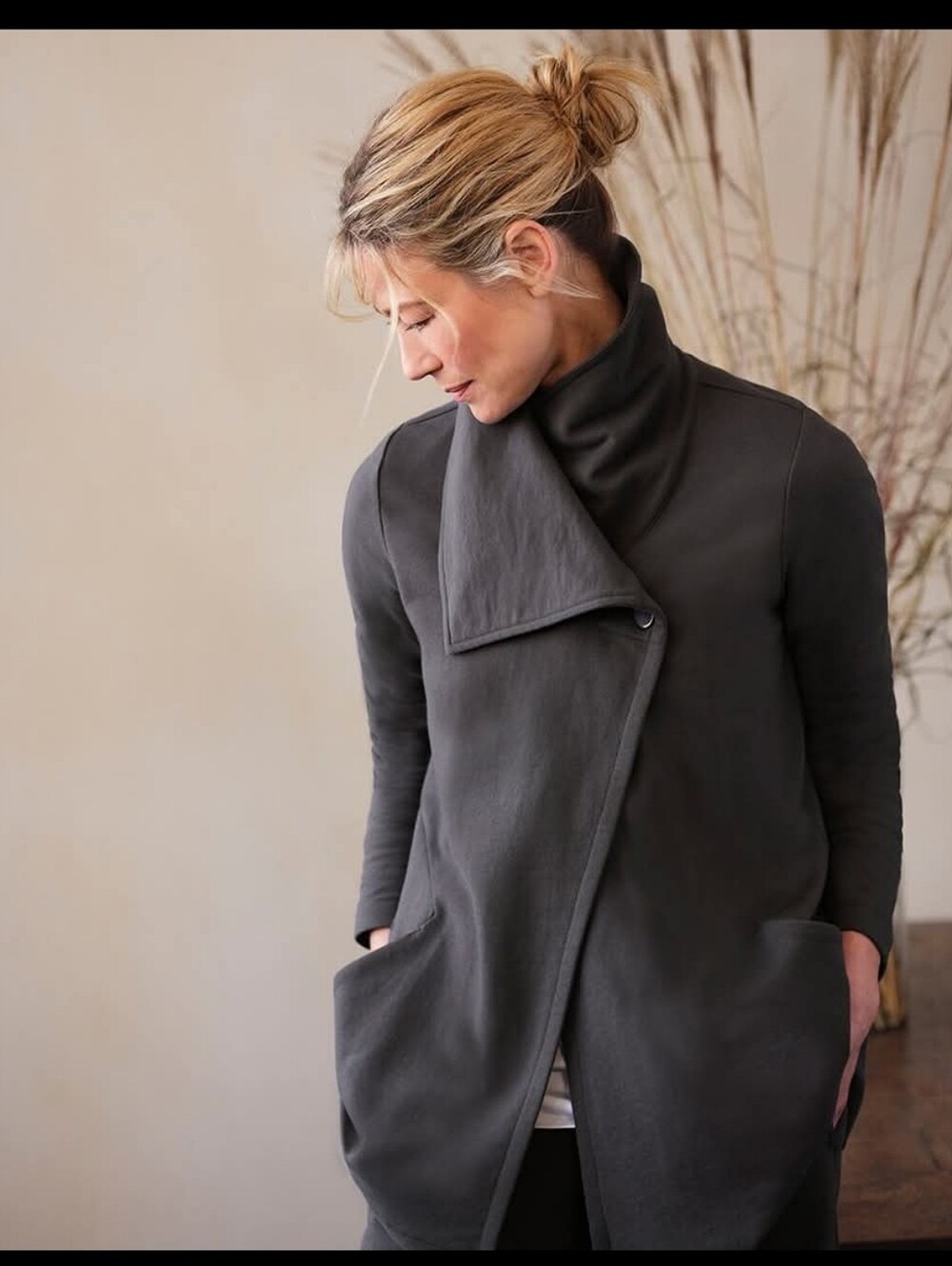 PURE JILL ORGANIC COTTON ASYMMETRICAL COLLAR JACKET CARDIGAN GRAY SZ L